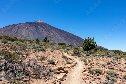 Hiking trail leading to Riscos de la Fortaleza with scenic view on volcano Pico del Teide, Mount El Teide National Park, Tenerife, Canary Islands, Spain, Europe. Path via barren plain desert terrain