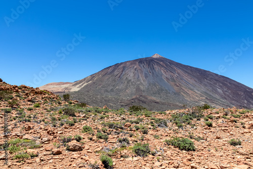 Panoramic view on volcano Pico del Teide and Montana Blanca, Mount El Teide National Park, Tenerife, Canary Islands, Spain, Europe. Hiking trail to La Fortaleza from El Portillo. Barren desert terrain