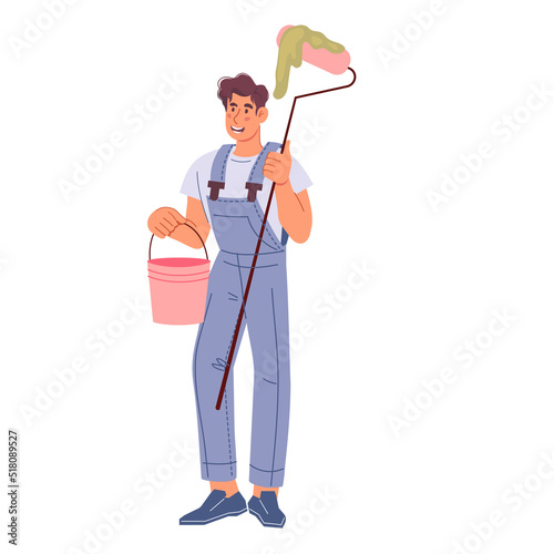Painter or craftsman worker of home renovation service, flat cartoon vector illustration isolated on white background. Home decoration and renovation, repair works.