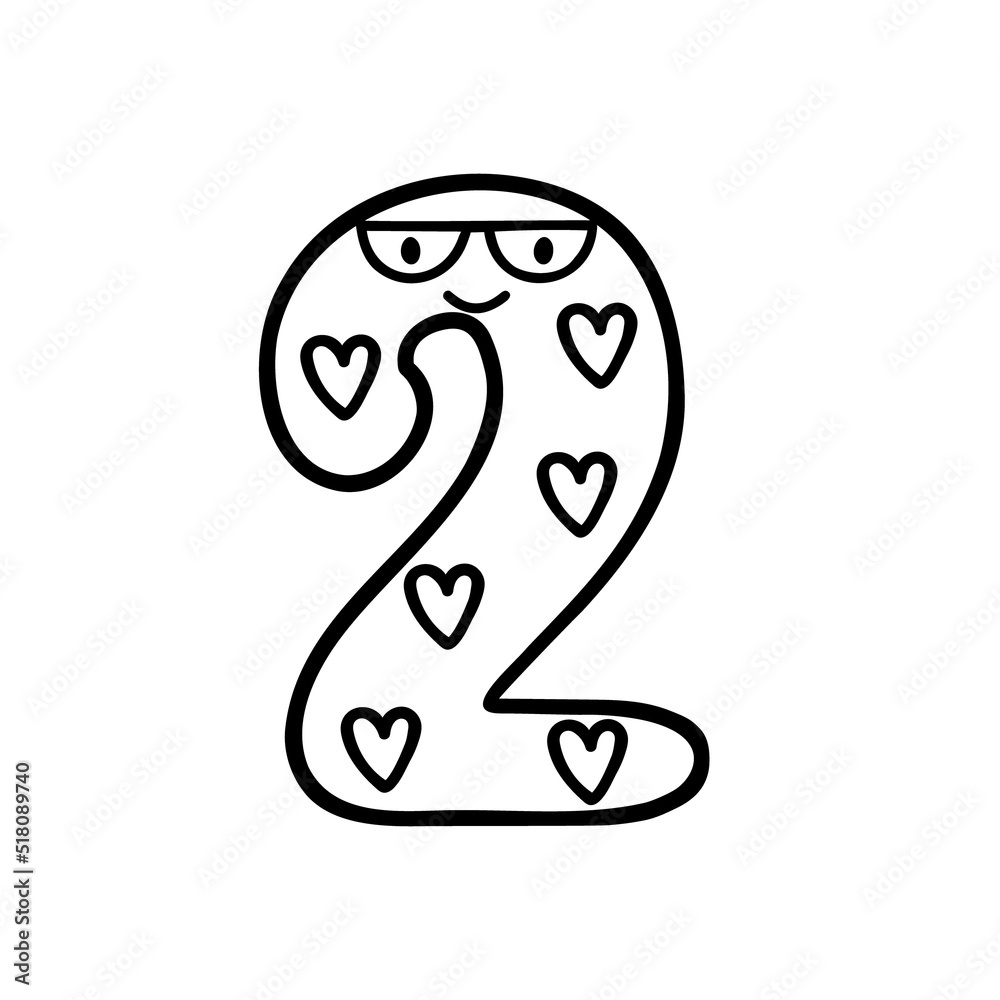 Obraz premium Funny number two simple outline doodle vector illustration for kid decor