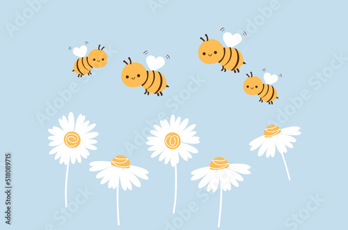 Daisy flower garden and bee cartoons on blue background vector.