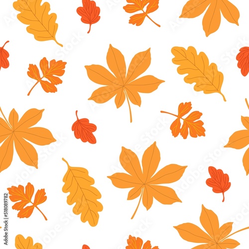Autumn leaves seamless pattern  simple vector minimalist concept flat style illustration  orange hand drawn natural floral ornament for invitations  textile  gift paper  autumn holiday decor