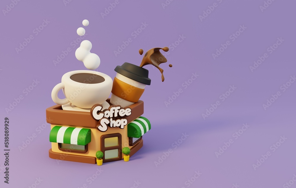 Coffee little shop concept. Minimal store building. 3D render illustration