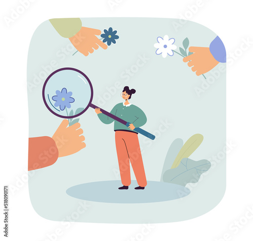 Girl looking at flowers through magnifier flat vector illustration. Biologist examining plants, exploring nature. Occupation, research concept for banner, website design or landing web page