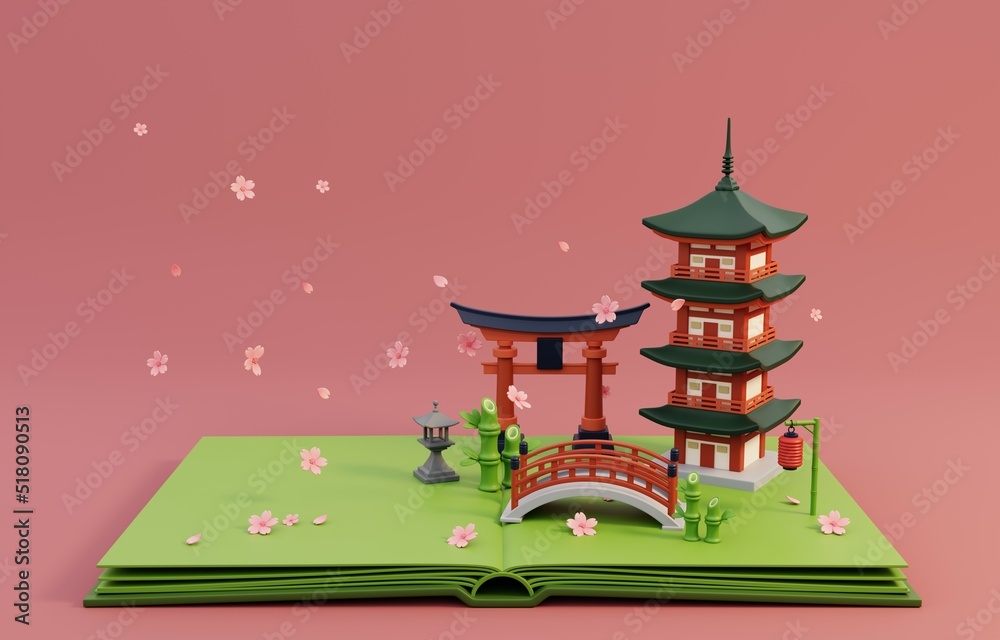 Fototapeta premium Pop up book with traditional symbols of architecture and culture of Japan. 3D Render Illustration.