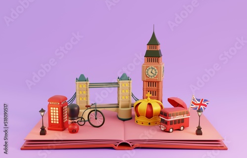 Pop up book with traditional symbols of architecture and culture of London  England. 3D Render Illustration.