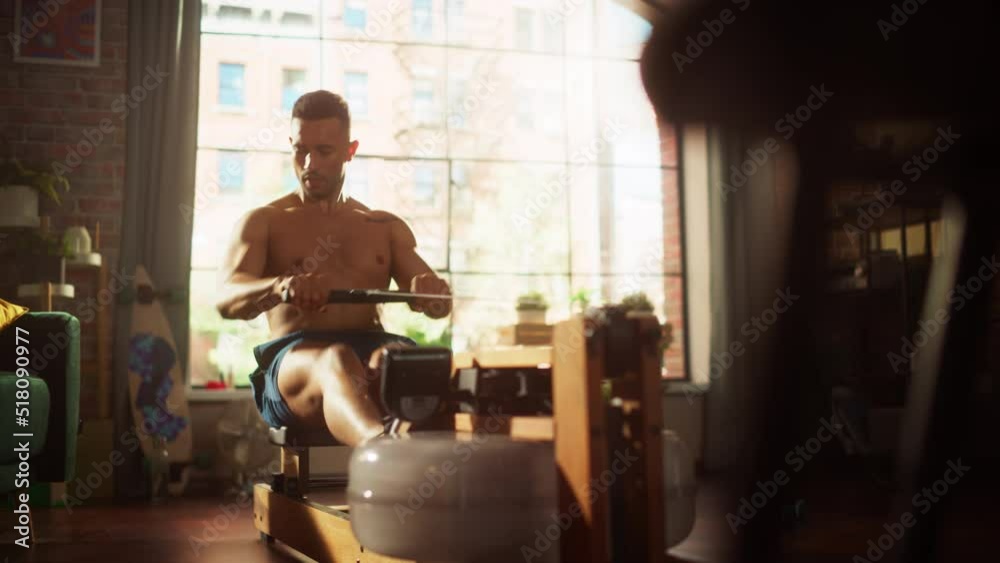 Strong Athletic Black Man Does Shirtless Workout at Home Gym ...