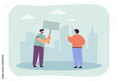 Male activist holding blank banner flat vector illustration. Person looking at protesting man. Demonstration, protest, equality, campaign concept for banner, website design or landing web page