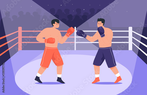 Boxers fighting in boxing ring flat vector illustration. Sportsmen in blue and red shorts and gloves punching each other in arena or stadium in spotlight. Wrestling match, sport, competition concept