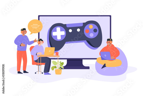 Men sitting and playing video game flat vector illustration. Professional gamers looking at laptop screen, training in esports. Huge monitor with joypad. Computer gaming industry, cybersport concept