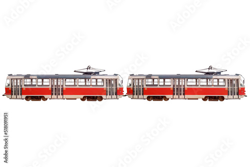 Two connected red tram isolated on white