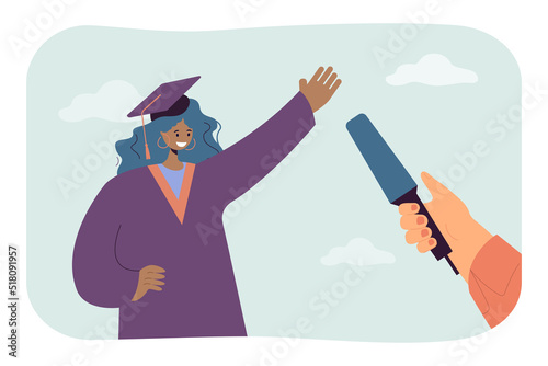 Graduate student giving speech flat vector illustration. Woman speaking into microphone. University, education, graduation concept for banner, website design or landing web page