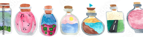 Cuadro en lienzo Vintage Watercolor Illustration of Mystical Potion Bottles and Witchcraft