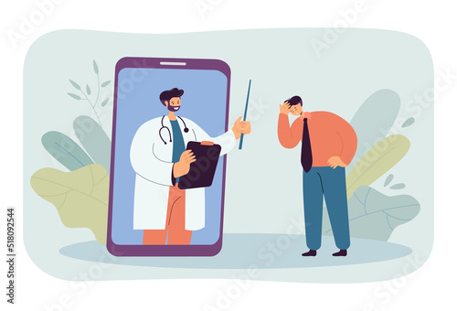 Doctor on phone screen and desperate patient. Male patient having online therapist appointment flat vector illustration. Disease, medicine concept for banner, website design or landing web page