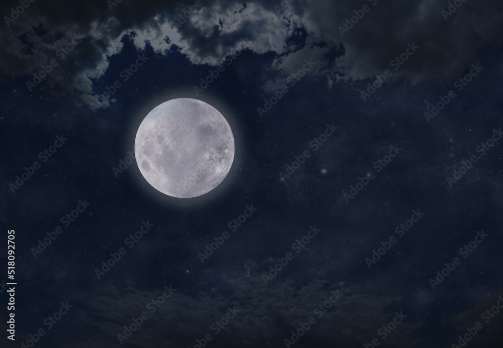 High Full Moon Night Time Cloudscape - dark blue night sky with a bright full moon off centre and clouds above with plenty of copy space for messages 
