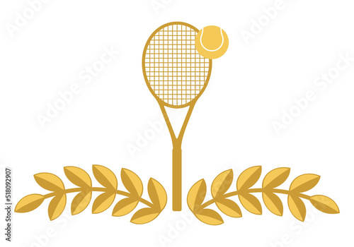 Golden laurel wreath, tennis racket and tennis ball. Vector illustration Isolated on white background