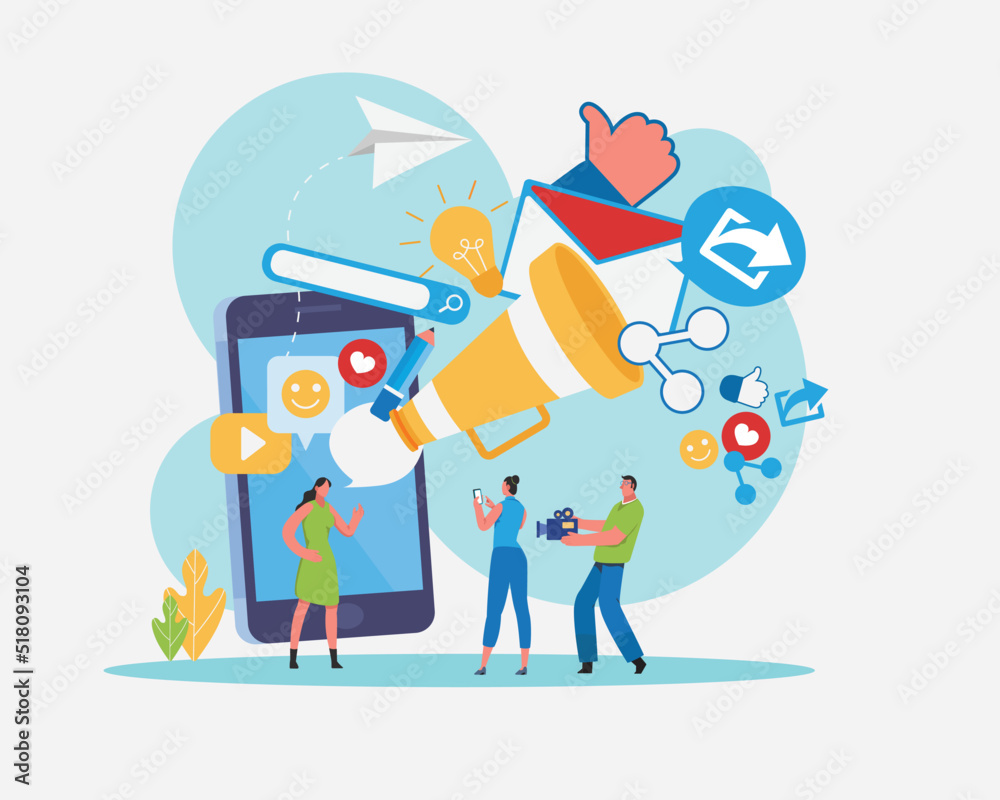 Digital marketing strategy team. Content manager. Online Social media. Flat  cartoon character graphic design. vector de Stock | Adobe Stock