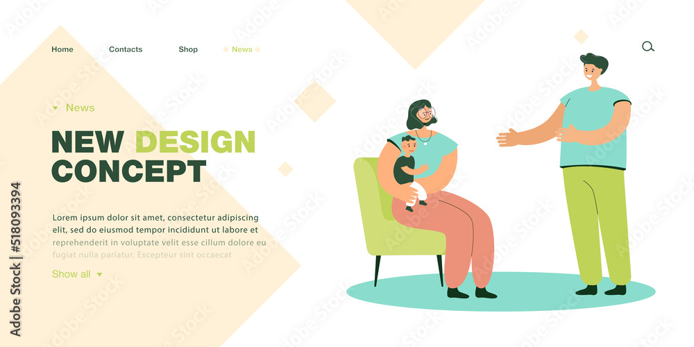Dad standing next to mom sitting on chair and holding toddler. Man reaching hands for woman with child flat vector illustration. Family, communication concept for banner or landing web page