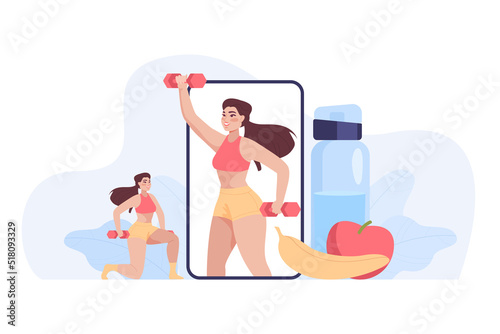 Tiny woman doing exercises using fitness app on huge phone. Personal program for training with online coach on mobile flat vector illustration. Health, sports, wellness, marketing concept for banner