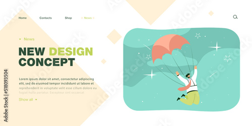 Cheerful businessman flying with parachute in sky. Happy cartoon office worker skydiving flat vector illustration. Success, safety, risk concept for banner, website design or landing web page