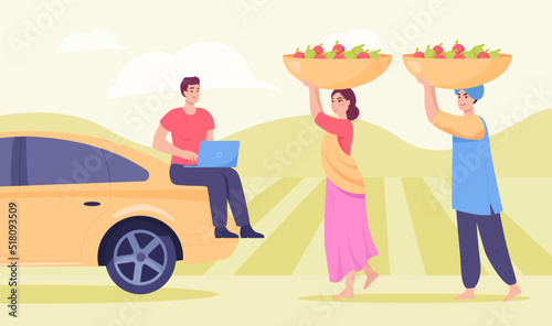 Businessman with laptop and farmers in Indian village. Farm in India, people with green and red apples flat vector illustration. Agriculture, farming, agribusiness concept for banner, website design