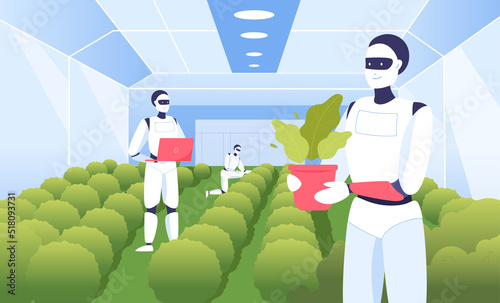 Cartoon robot characters growing plants in smart greenhouse. Artificial intelligence working as farmers, organic farm flat vector illustration. Agriculture, farming, gardening concept for banner