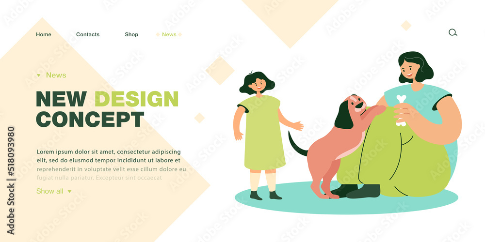 Daughter watching mother playing with dog on ground. Woman holding bone for adorable puppy flat vector illustration. Family, domestic animals concept for banner, website design or landing web page Daughter watching mother playing with dog on ground. Woman holding bone for adorable puppy flat vector illustration. Family, domestic animals concept for banner, website design or landing web page