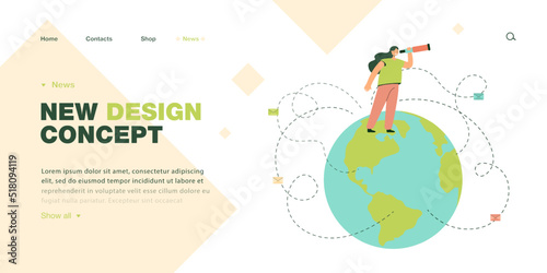 Cartoon manager looking through spyglass while standing on globe. Letters from different parts of world flat vector illustration. Global communication or business concept for banner, landing web page