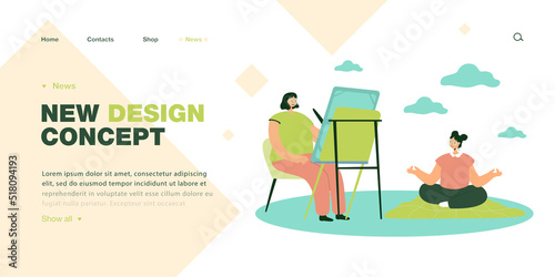 Girls doing yoga and painting on easel flat vector illustration. Women taking care of yourself, devoting time to hobby. Self-love, peace concept for banner, website design or landing web page