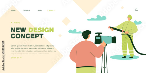 Back view of cameraman filming fireman holding fire hose. Man with professional camera and firefighter flat vector illustration. Safety, protection, media concept for banner or landing web page