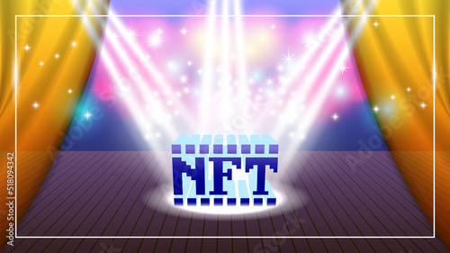 Vector bright glowing banner. 3d letters NFT in the beams of spotlights on a stage with a curtains. Non fungible token