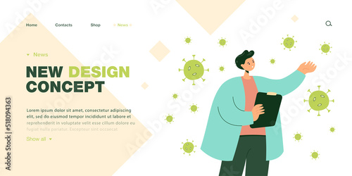 Doctor surrounding by germs flat vector illustration. Therapist looking for ways to treat coronavirus or flu during pandemic. Epidemic, virus concept for banner, website design or landing web page