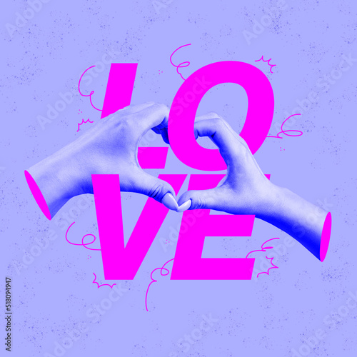 Creative colorful design. Female hands making symbol of love - heart gesture isolated on purple background