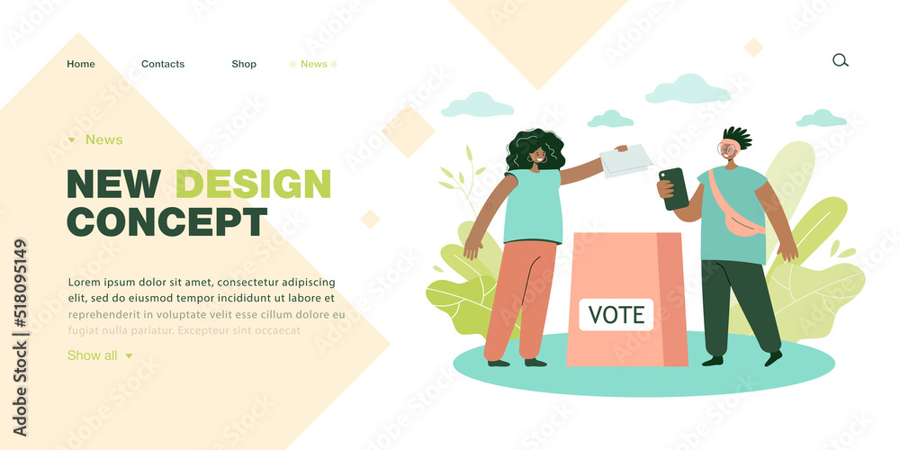 Happy American woman putting voting paper into ballot box. Elector casting vote online using phone flat vector illustration. Election, politics concept for banner, website design or landing web page