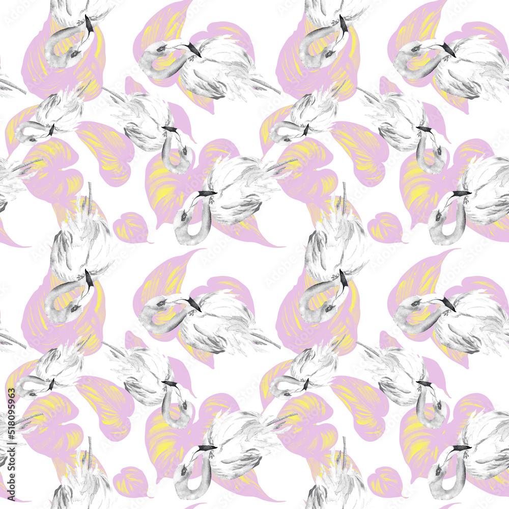 Fototapeta premium Flamingo, colorful summer foliage shadow watercolor seamless pattern on white.