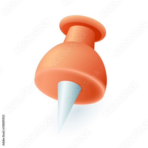 Red or orange push pin for office or school work 3D icon. Thumbtack for pinning documents, notes, reminders 3D vector illustration on white background. Business, career, stationery, education concept