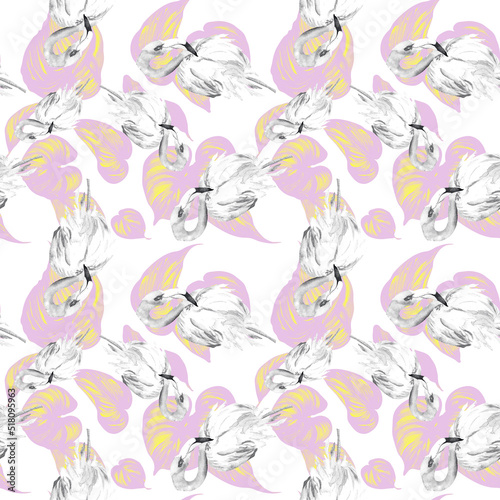 Flamingo  colorful summer foliage shadow watercolor seamless pattern on white.