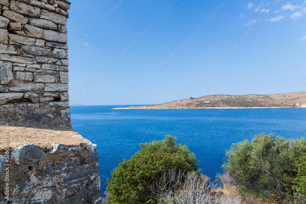 Old fortress in Porto Palermo in Albania and a view from it over blue Mediterranean Seas and another shore