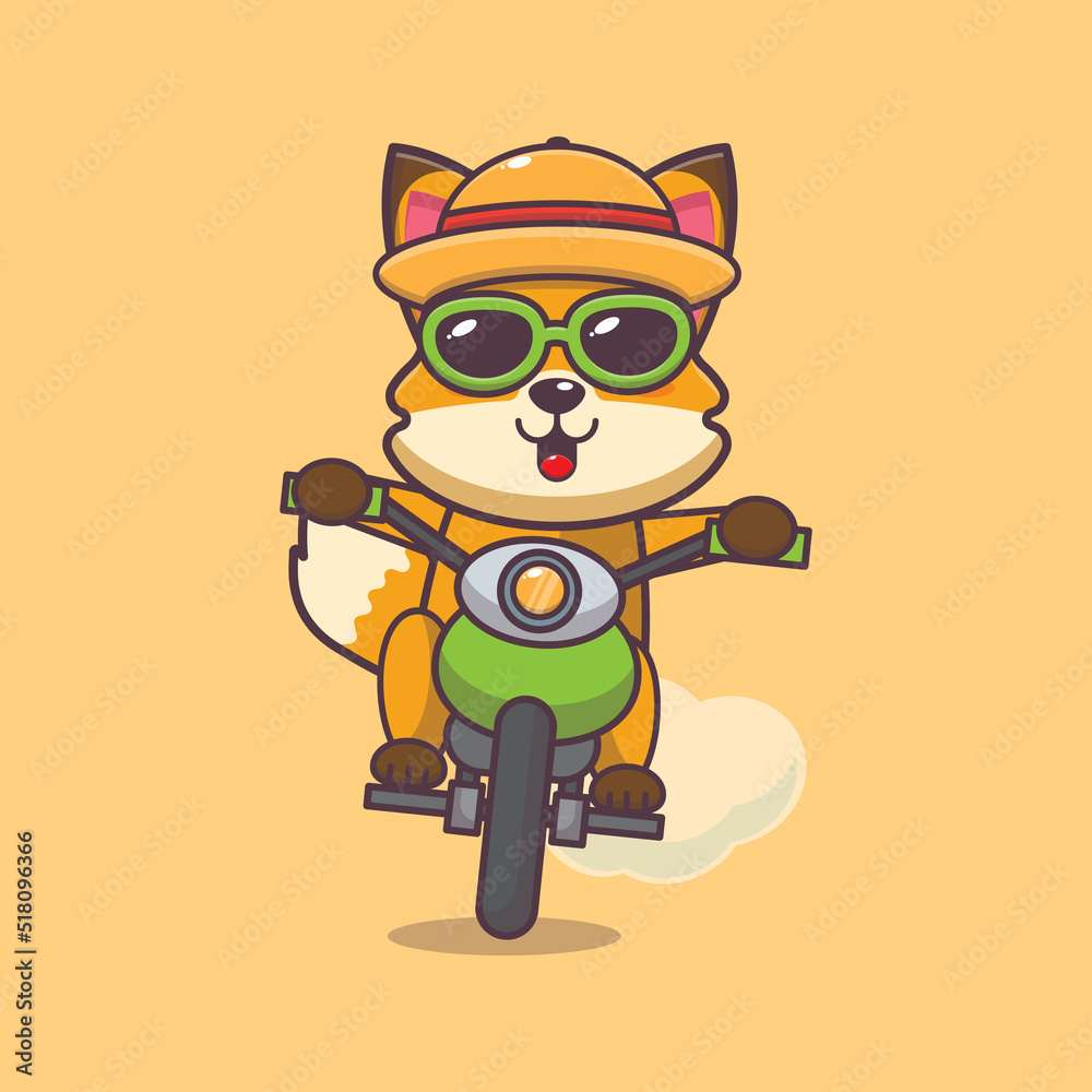 Cool fox cartoon mascot character ride motocycle in summer day