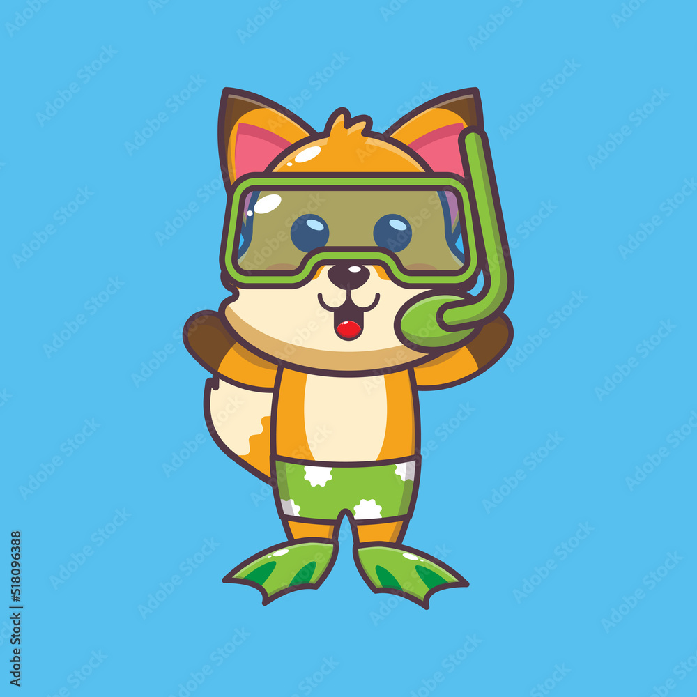 Cute diving fox cartoon mascot character illustration