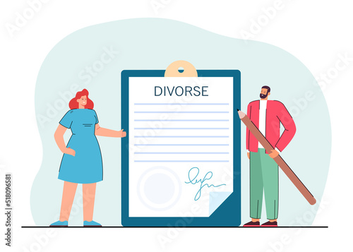 Tiny husband and wife signing divorce papers. Happy woman and man with huge pencil and document flat vector illustration. Divorce, family concept for banner, website design or landing web page