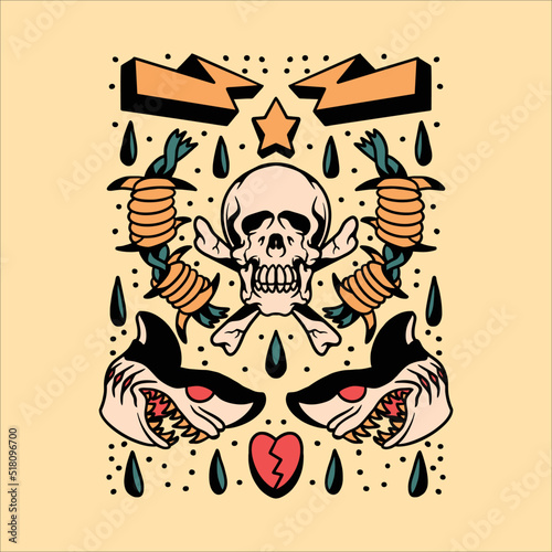 skull shark tattoo flash vector design