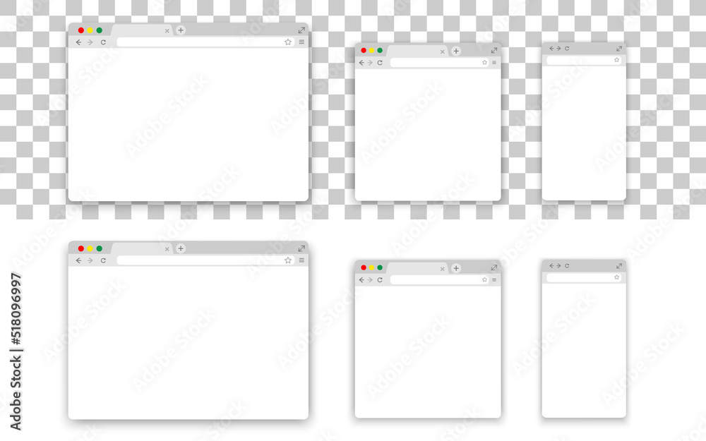 Set of blank web browser window. Realistic blank browser window isolated on transparent. Empty web page mockup.Web window template. Set of blank web browser window. Realistic blank browser window isolated on transparent. Empty web page mockup.Web window template.
