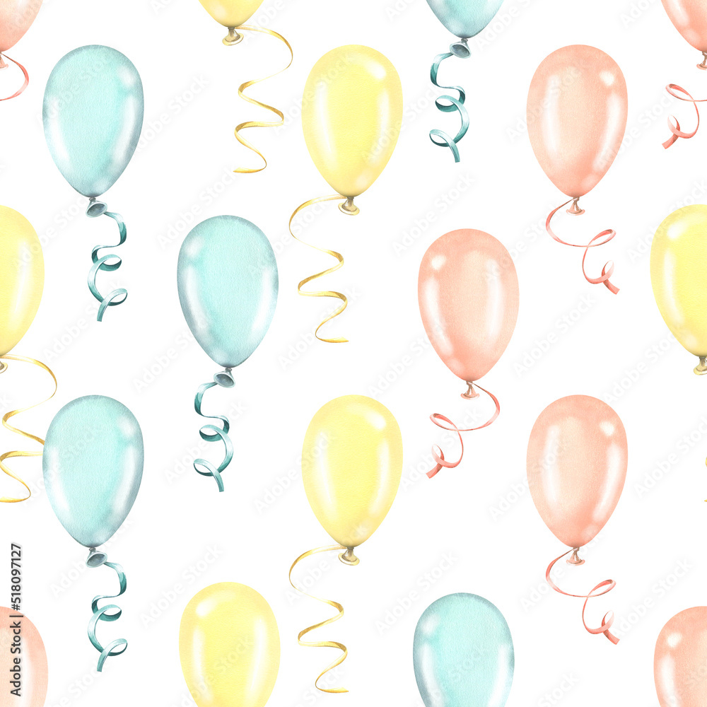 Balloons are multicolored on a white background with ribbons. Watercolor illustration. Seamless pattern from a large set of HAPPY BIRTHDAY. For fabric, textiles, wrapping paper, wrappers, postcards Balloons are multicolored on a white background with ribbons. Watercolor illustration. Seamless pattern from a large set of HAPPY BIRTHDAY. For fabric, textiles, wrapping paper, wrappers, postcards