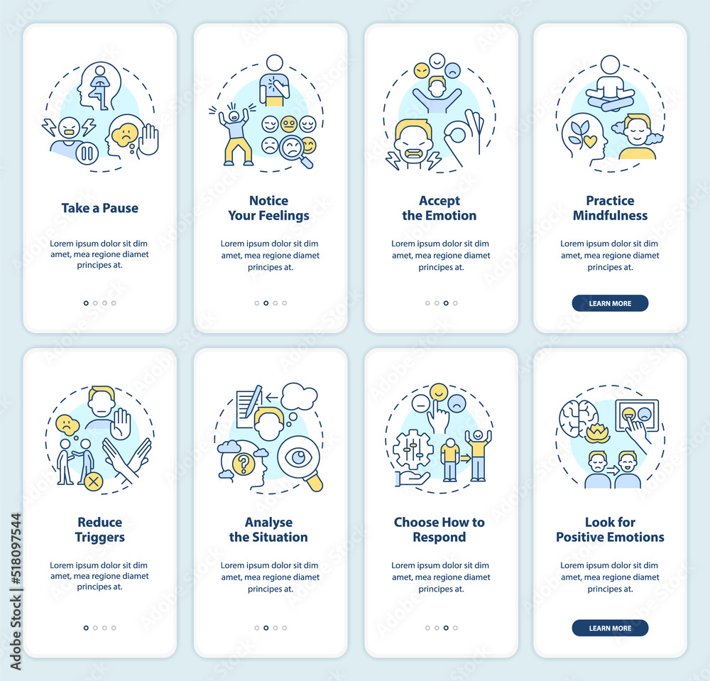 Fototapeta premium Emotional regulation onboarding mobile app screen set. Walkthrough 4 steps editable graphic instructions with linear concepts. UI, UX, GUI template. Myriad Pro-Bold, Regular fonts used