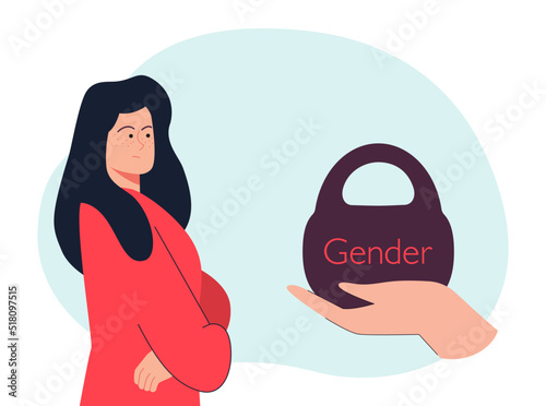 Hand giving kettlebell with word gender to woman. Feminist facing inequality or injustice based on gender flat vector illustration. Society, sexism, discrimination concept for banner, website design