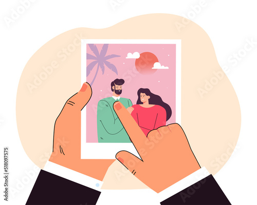 Hand holding photograph of cute couple in front of sunset. Picture of husband and wife on beach flat vector illustration. Family, love, memories, vacation concept for banner or landing web page
