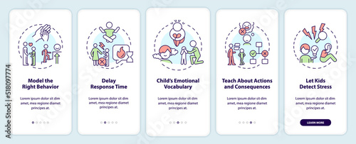 Fostering emotional regulation in child onboarding mobile app screen. Walkthrough 5 steps editable graphic instructions with linear concepts. UI, UX, GUI template. Myriad Pro-Bold, Regular fonts used