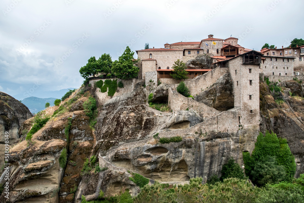 Landscape with monastery and giant steep rocks in the area of Meteora, Greece