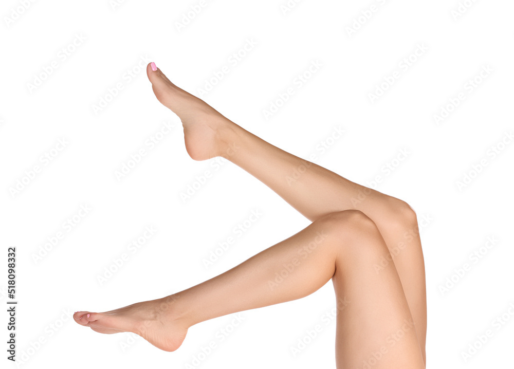Woman with beautiful long legs on white background, closeup Woman with beautiful long legs on white background, closeup